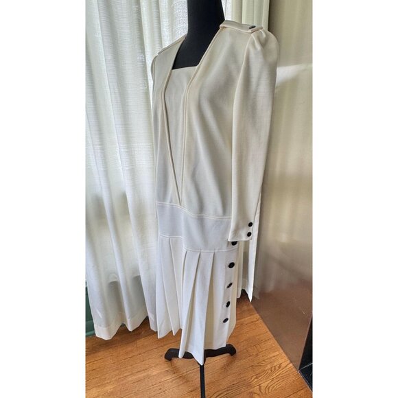 Vintage 80s dress, cream, black buttons, minimalist structured look, drop waist - Picture 1 of 10